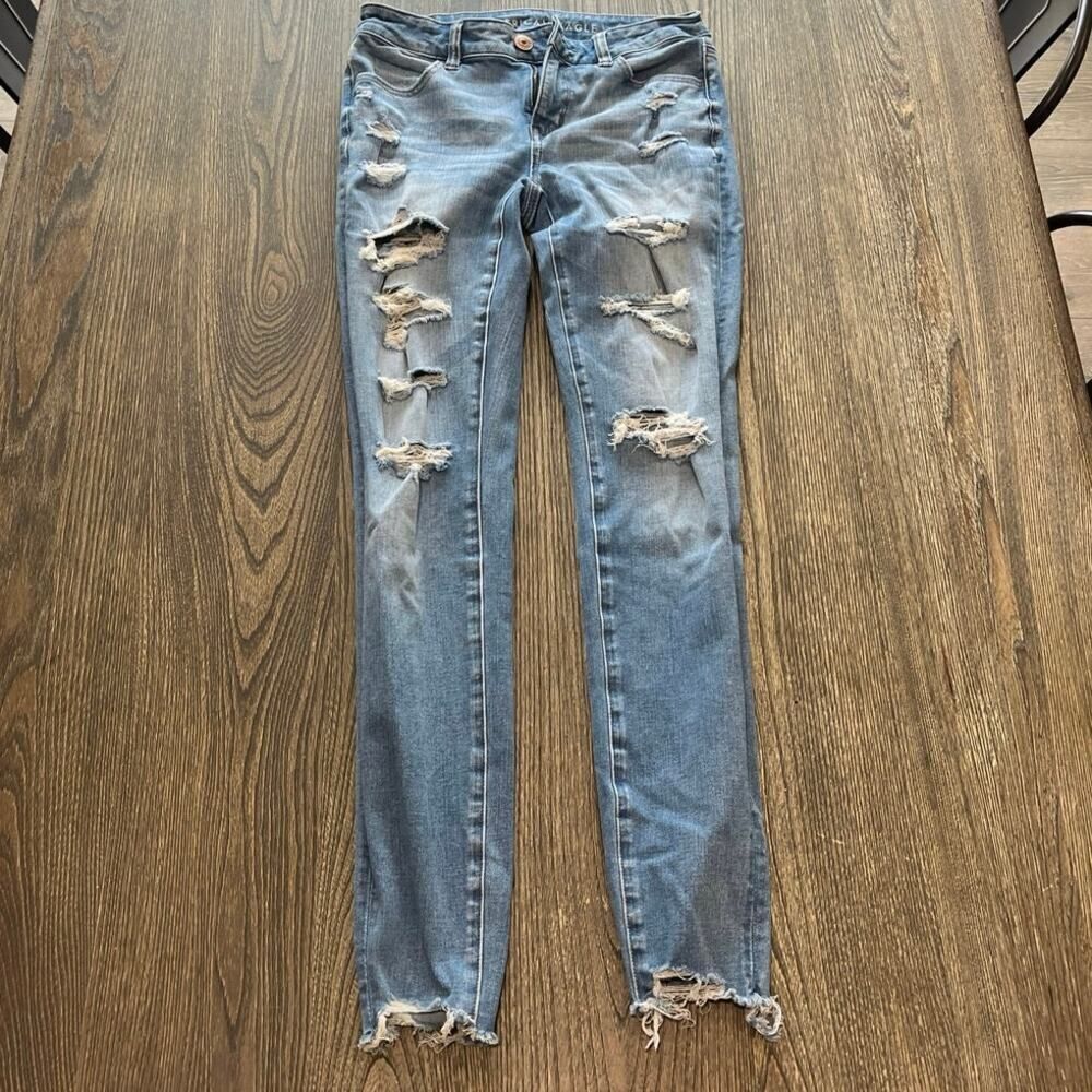 American Eagle The Dream Skinny Jeans Distressed High Rise Raw Hem Blue Size 2
